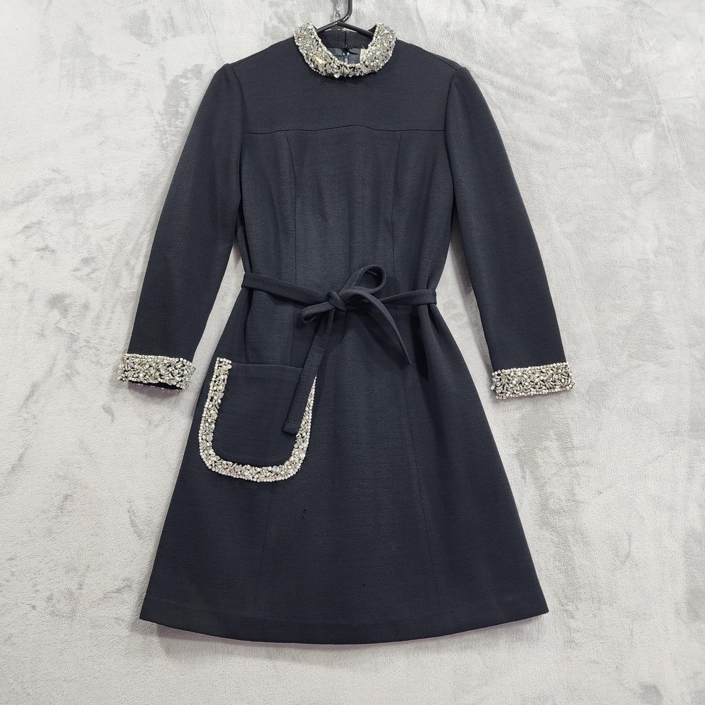 Vintage 60s Carnaby Dress Womens S Black Wool Knit Beaded Collar Cuff Pocket